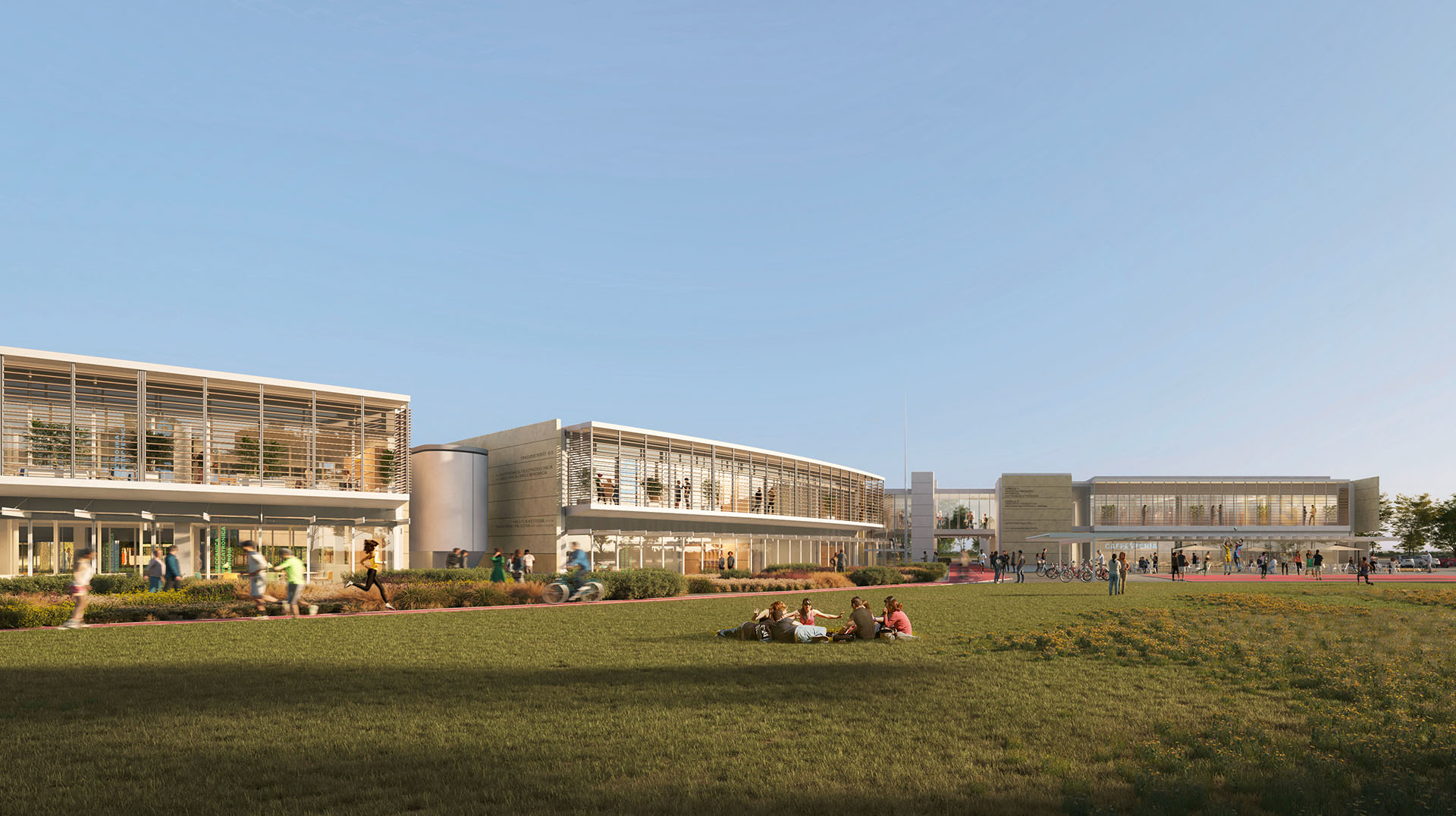render della vista esterna del Campus con parco pubblico e pista ciclopedonale dell'ITT superiore Enrico Fermi