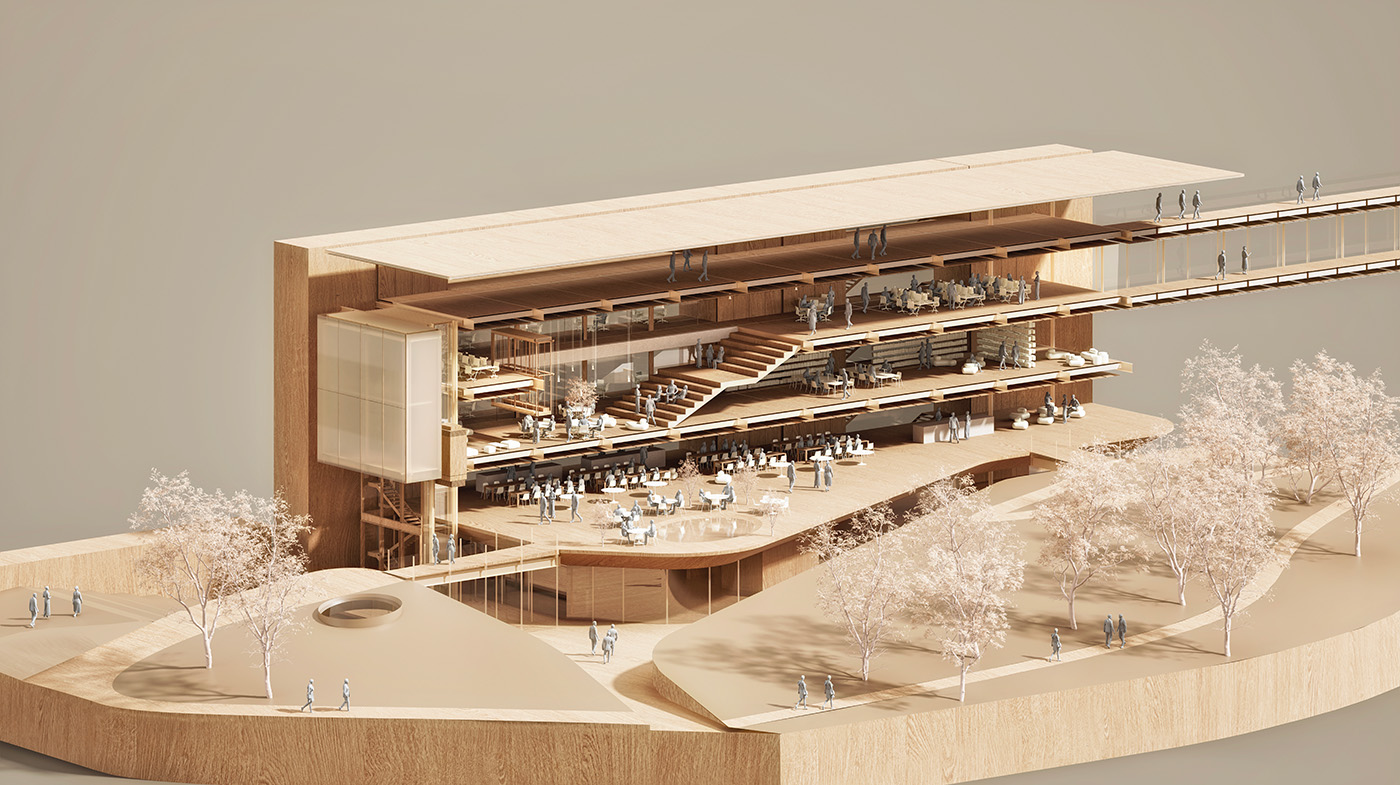 Render del modello architettonico con spaccato funzionale dell'edificio servizi del Campus Cineca