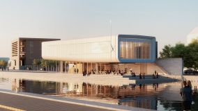 Rendering di un edificio eventi contemporaneo a sbalzo lungo il canale per Autorità di Sistema Portuale MACS , architettura BFSA.